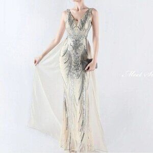 Silver, Double V, Beaded Back, Detachable Draped Skirt, Sequined Mermaid Gown